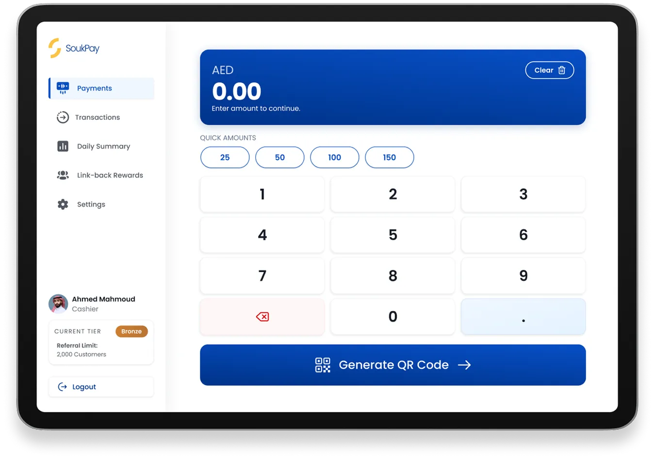 تطبيق SoukPay للتجار معروض على جهاز لوحي وهاتف يعرضان شاشة إدخال الدفع
