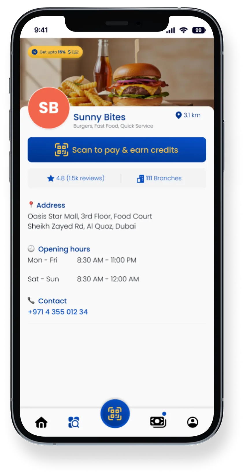 شاشة صفحة التاجر في تطبيق SoukPay مع نافذة امسح للدفع مفتوحة تعرض دفعة بقيمة 50.00 د.إ قيد الانتظار