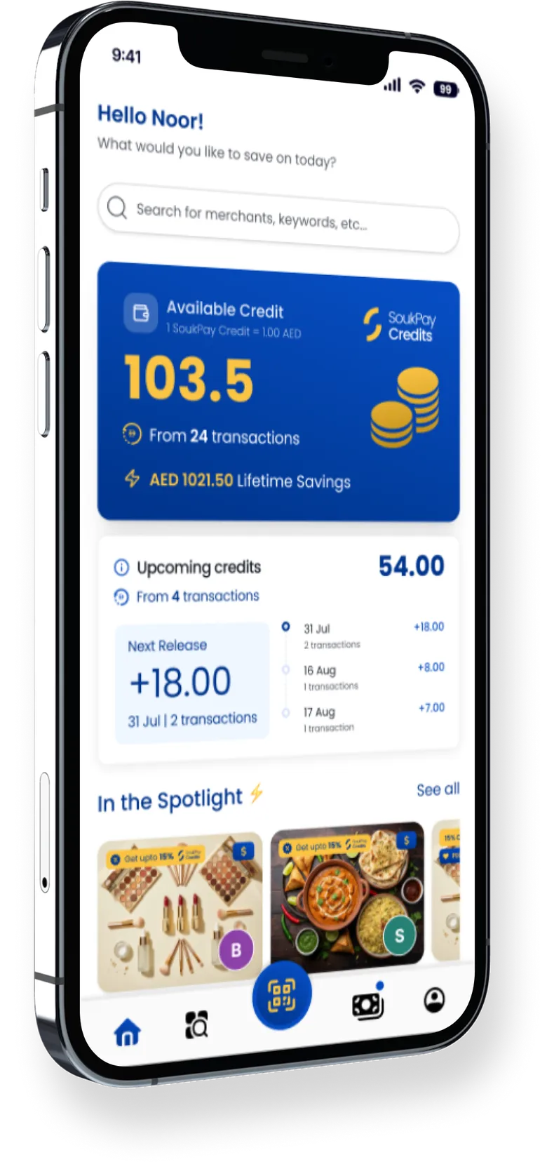 الشاشة الرئيسية لتطبيق SoukPay تعرض الرصيد المتاح والمكافآت الشخصية