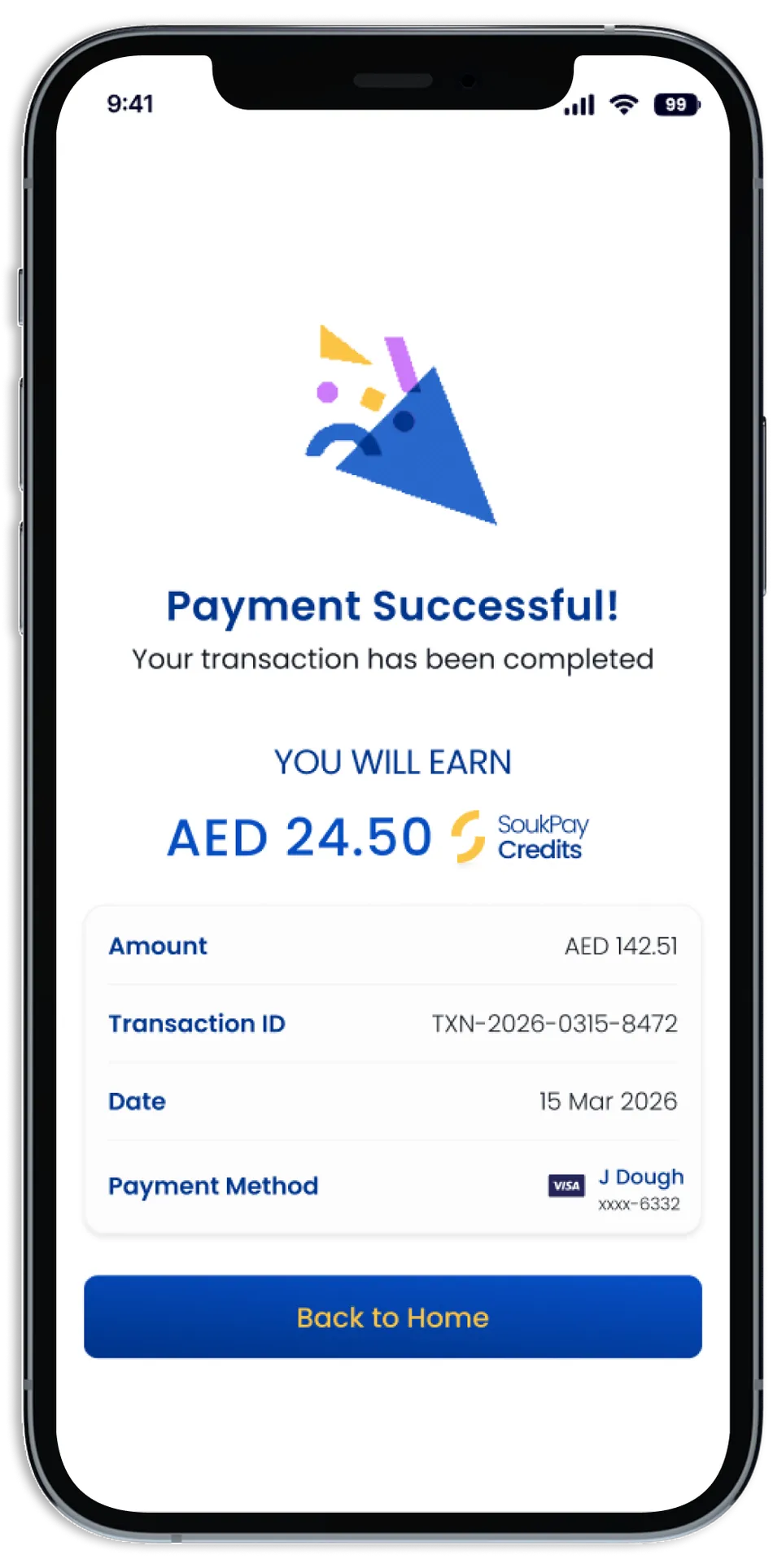 شاشة نجاح الدفع في تطبيق SoukPay تعرض المكافآت المكتسبة