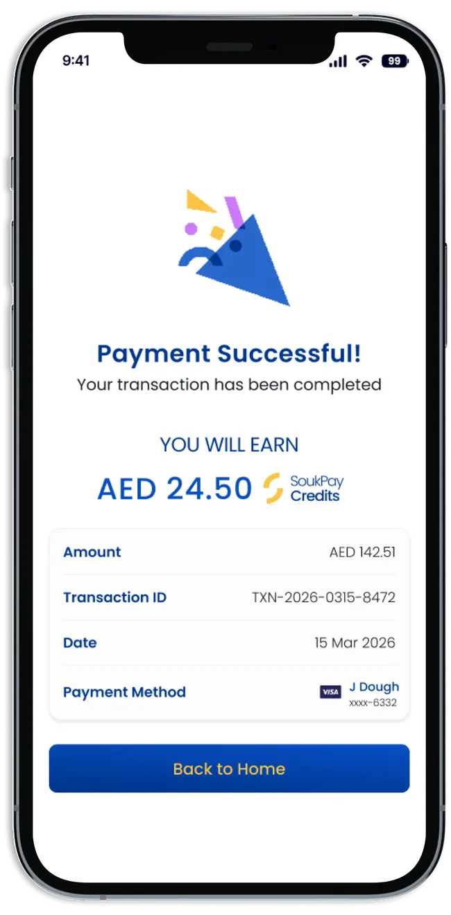 شاشة نجاح الدفع في تطبيق SoukPay تعرض المكافآت المكتسبة